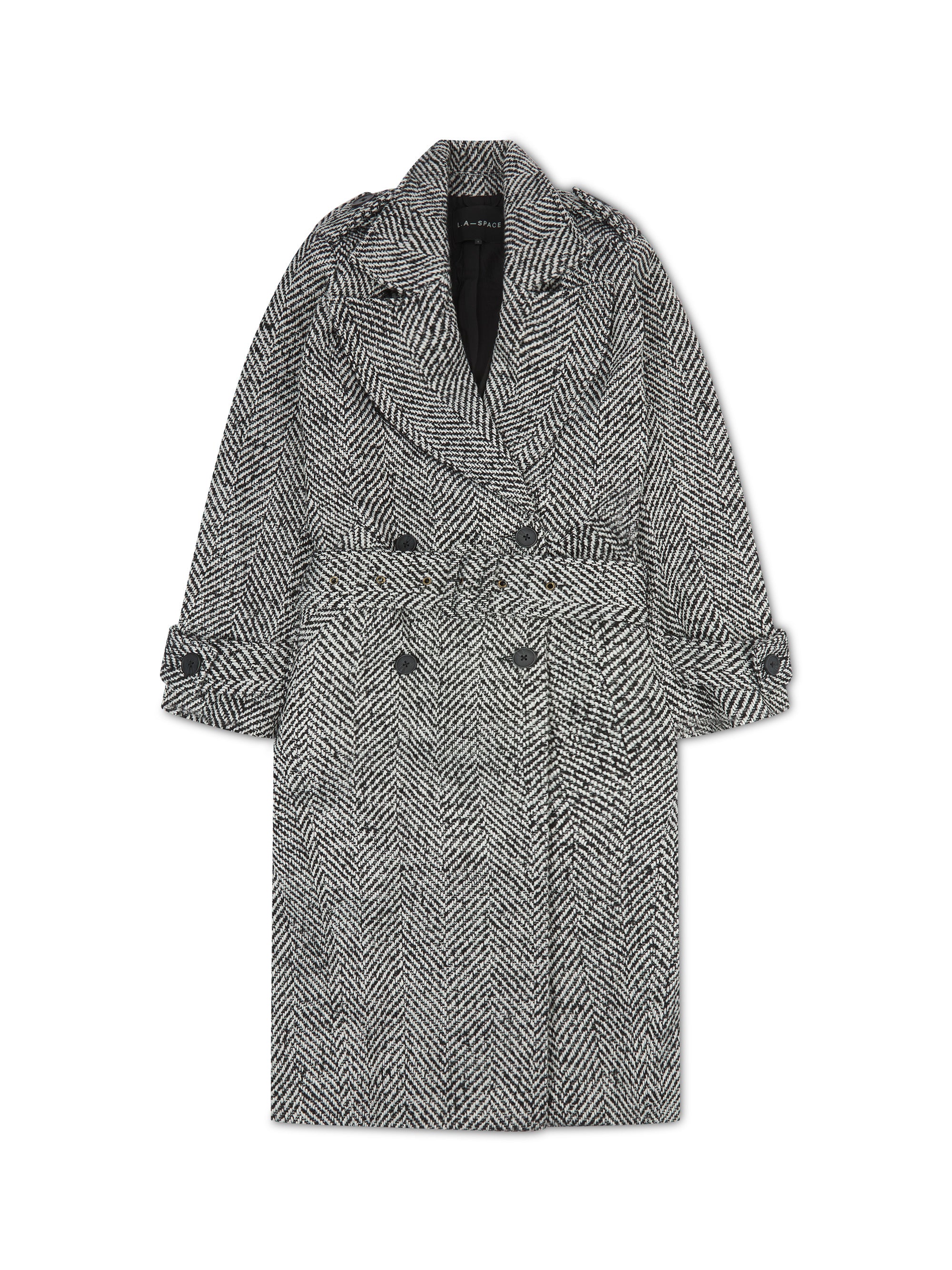 'MORGAN' HERRINGBONE DOUBLE BREASTED BELTED COAT BLACK - Image 7